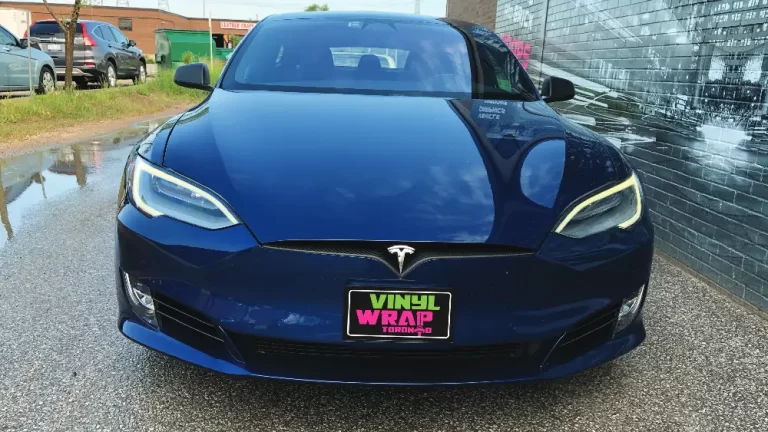 VinylWrapToronto Tesla Brushed Black Model S After Decals Front Side - Vehicle Wrap Cost