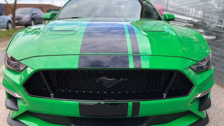 Ford Mustang Coyote 2019 Decals Personal front vinyl wrap Toronto - racing stripes, auto tinting, full car wrap, partial car wrap cost, GTA