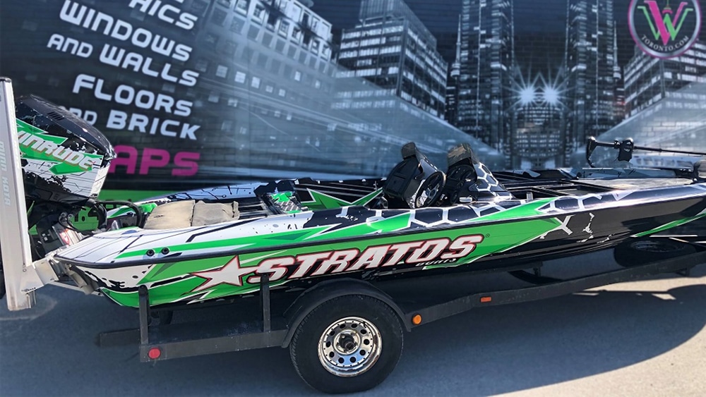 Full Wrap - Boat - Roshan - Avery Dennison - Stratos Boat Evinrude - Right - Side - After - Vinyl Wrap Toronto - Lettering & decals - Boat Wrap in Etobicoke - Custom Boat Wrap in Toronto GTA