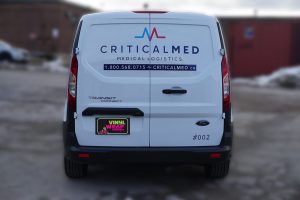 Ford Transit Connect Van Decals and Lettering - Critical Med Medical Logistics - Avery Dennison - Best Vehicle Wrap in Toronto - Back - Custom Van Wrap Cost