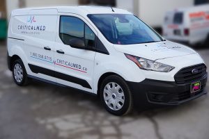 Ford Transit Connect Van Decals and Lettering - Critical Med Medical Logistics - Avery Dennison - Best Vehicle Wrap in Toronto - Front Side - Custom Avery and 3M vinyl Wrap