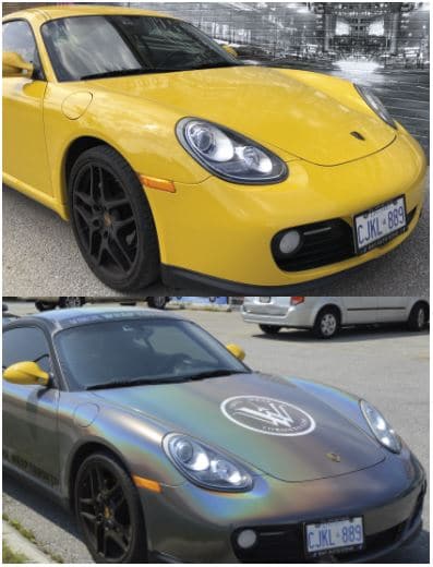 VinylWrapToronto Porsche unwrapped Yellow Cayman Carbon Fiber Before After front - Car Branding