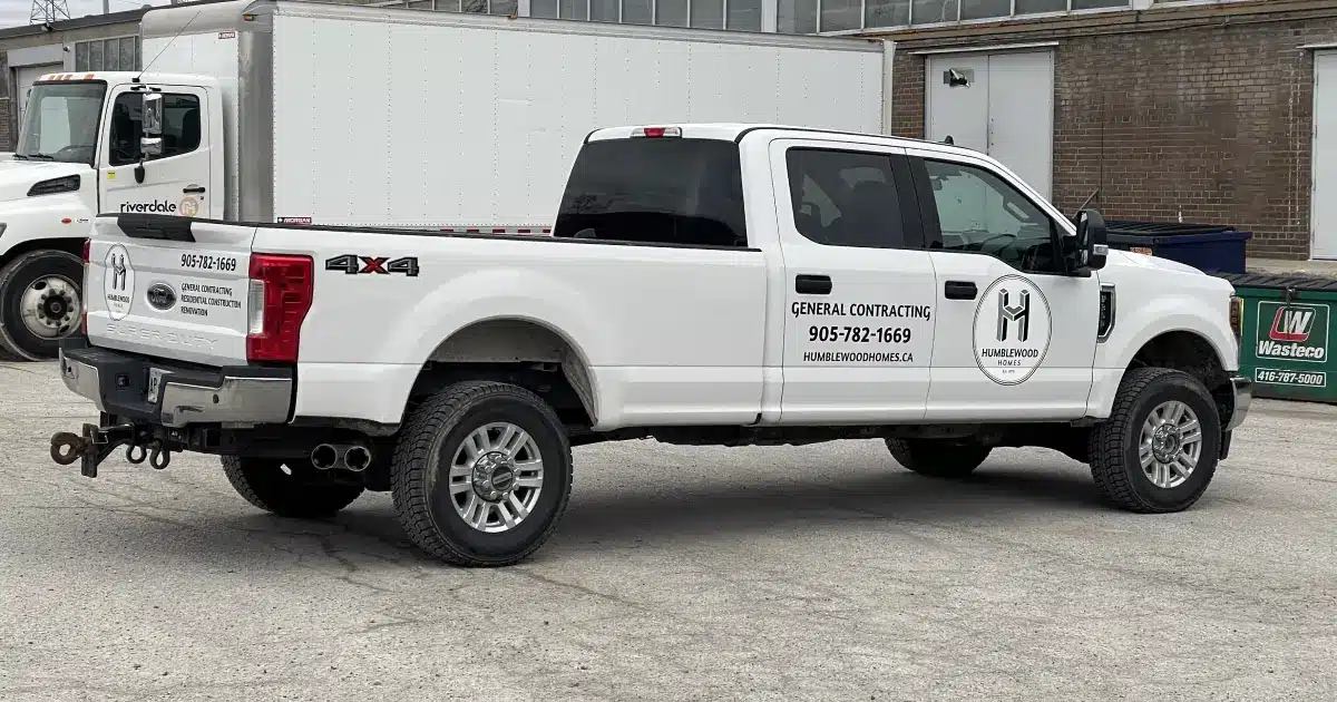 Ford F-350 Crew Cab Commercial Decals for Humblewood Homes - Vinyl Wrap Toronto - Angle View