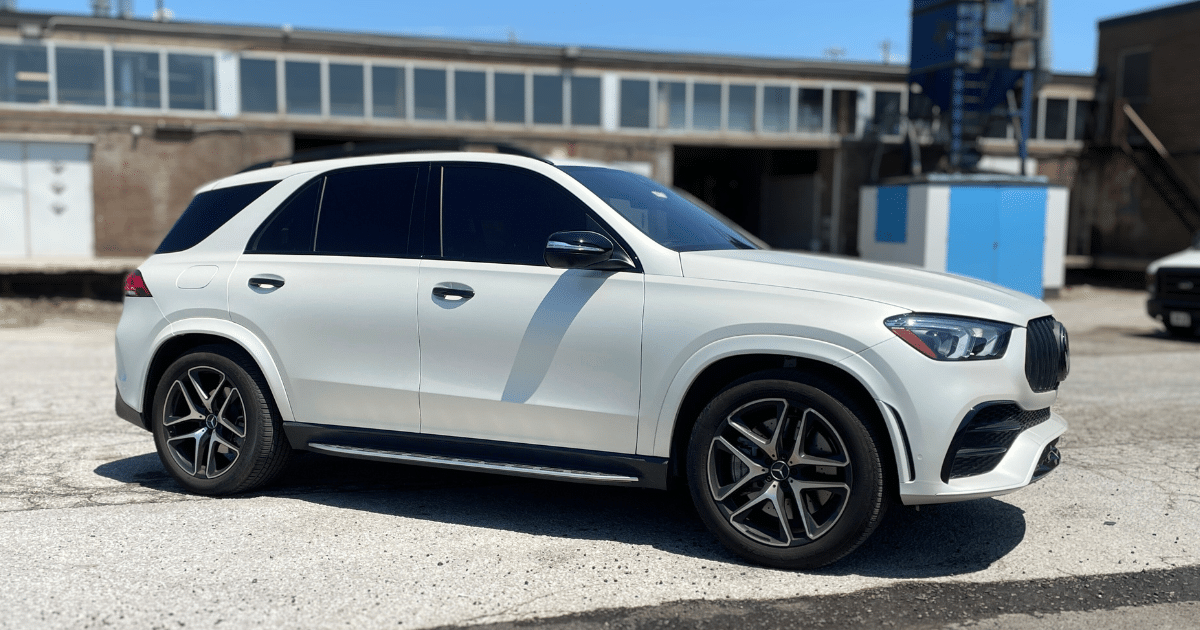 Owen Tippett's Mercedes GLE Full Wrap Colour Change from Gloss Black to Satin Pearl White - After - Side Angle 2