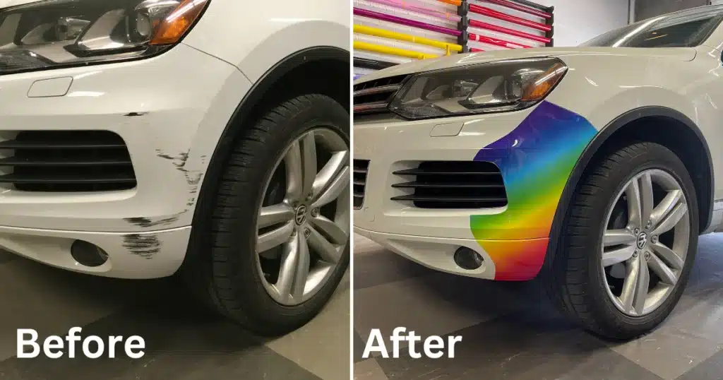 Before and after bumper sticker installation. The rainbow front bumper stickers for this Volkswagen was to cover the scratched area shown in the before picture.