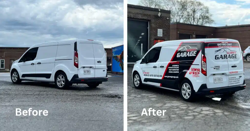 Gurm's Garage Ford Van Wrap before and after. Taken outside of Vinyl Wrap Toronto garage before and after installation.