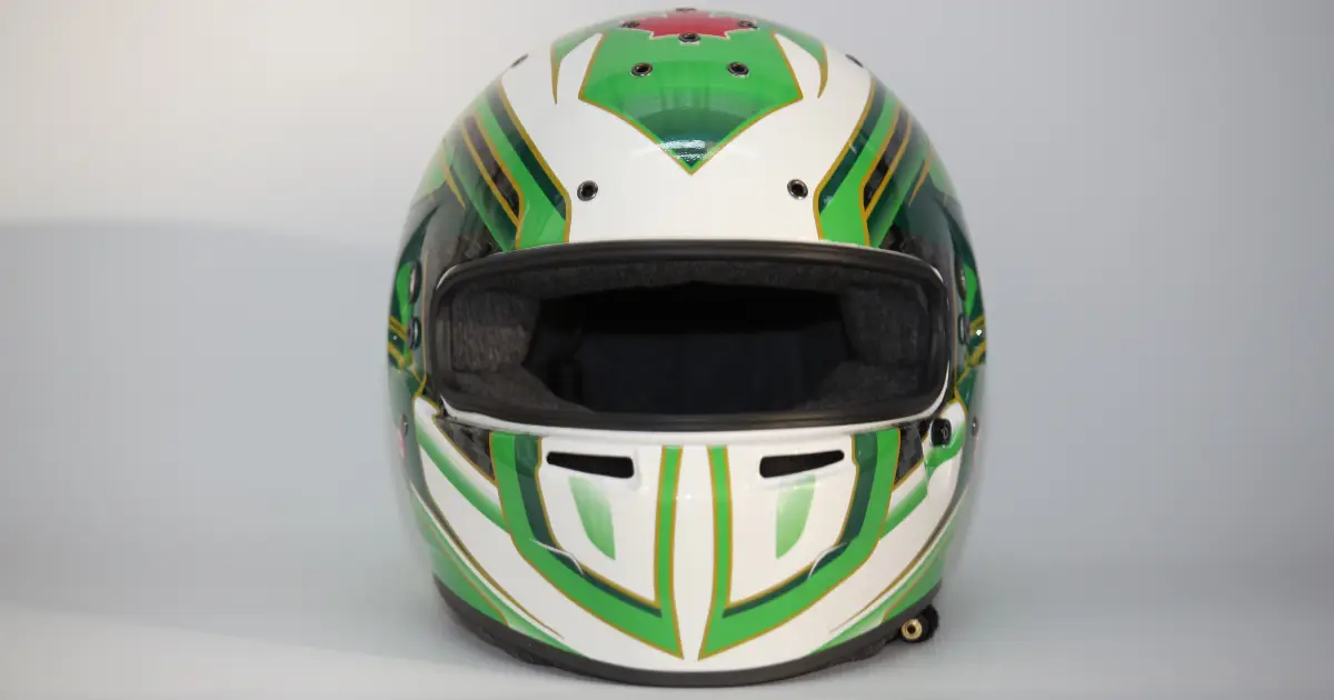 A front view of a helmet fully wrapped with a custom design