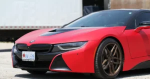 Front view of an BMW displayed with vinyl wrap