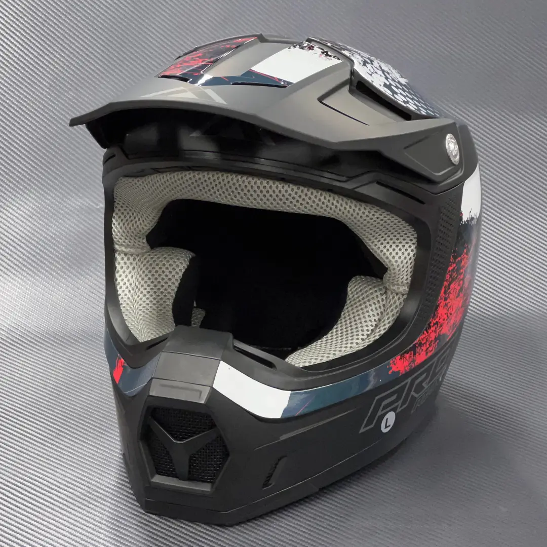 Front view of a partial wrap on a motocross helmet