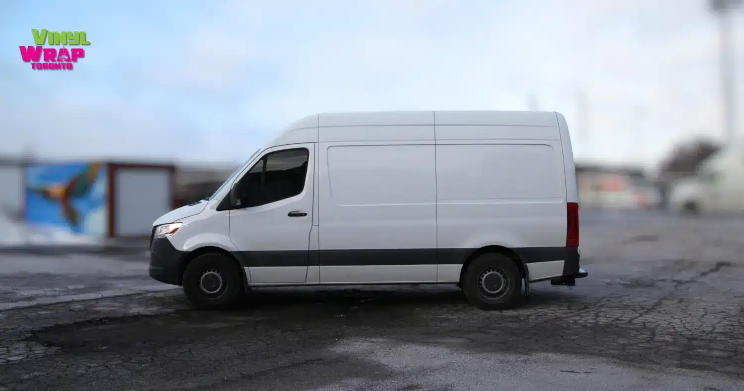 Mercedes Sprinter LWB High Roof 2024 Partial Wrap Avery Matte Black SW900-180-O Lettering and Decals 3M Gloss White G10 Vinyl Wrap Toronto Before