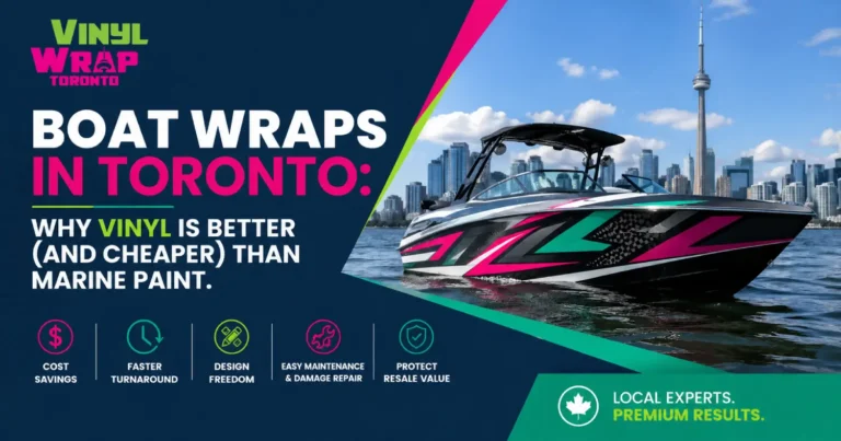 Vinyl boat wrap in Toronto with custom graphics, showcasing advantages over marine paint including lower cost, faster turnaround, and better resale value