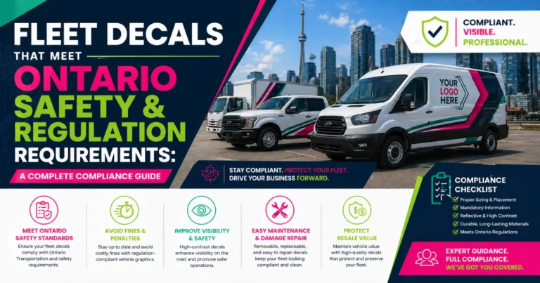 Fleet vehicles with Ontario-compliant decals and safety markings in Toronto, highlighting visibility, regulations, and professional branding