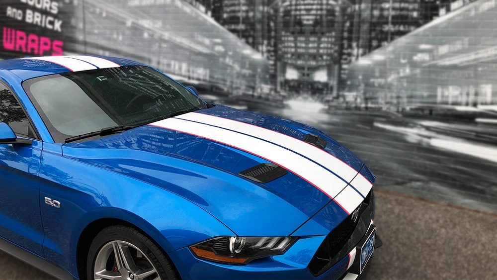 Ford Mustang 2019 Decals Persona vinyl wrap Toronto - racing stripes, decals, auto tinting, car wrap cost, etobicoke, brampton