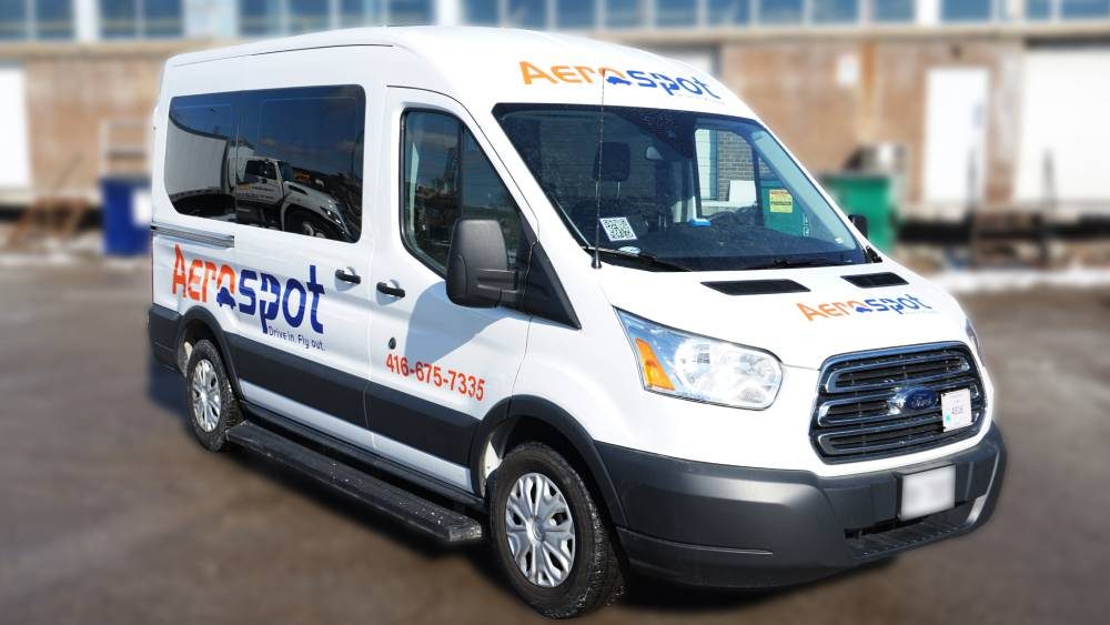 Ford Transit 2018 - Commercial Decals and Lettering - Aerospot - Parking Near Toronto Airport - Avery - Side Front - cost and pricing